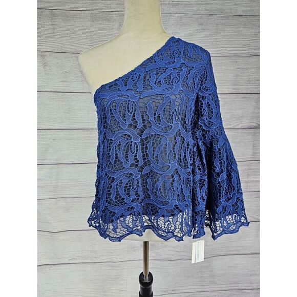 Chelsea 28 One Shoulder Lace Over Top Blue and Black Size Small - Picture 2 of 9